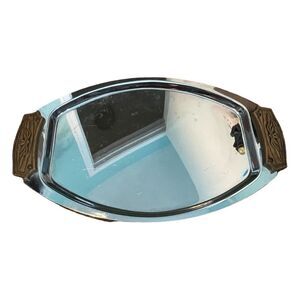 Vintage MCM Kromex Serving Tray Silver Chrome Faux Wood Handles Mid Century Mode